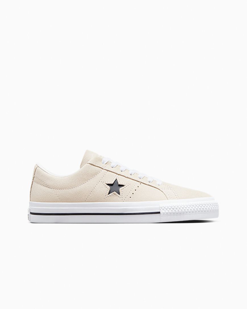 Bascheți Barbati Converse CONS One Star Pro Piele Intoarsa Bej Albi Negrii | RO KZJRU820